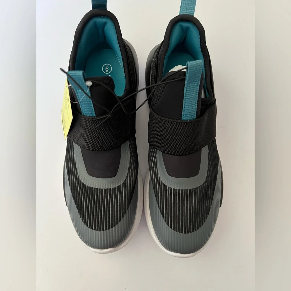 Kids Black Slip-On Athletic Shoes with Teal Accents